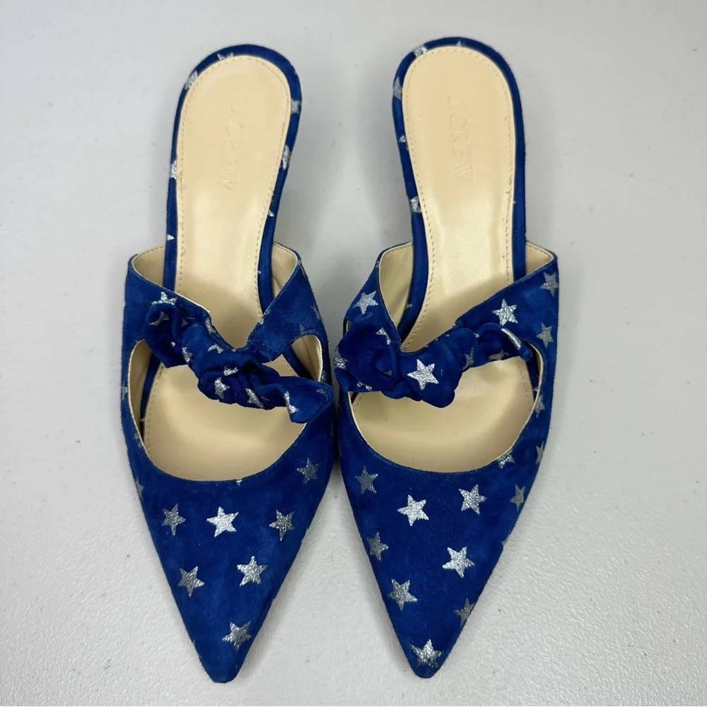 J. CREW Sophia Blue Suede Silver Star Accent Low Heel Mules Women’s Size 8.5 - Picture 2 of 8
